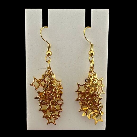 Gold Plated Stars Cluster Earrings Statement Earrings Gold Plated Ear Wire - Picture 3 of 12